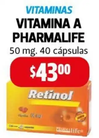 Farmacias Guadalajara Vitamina a Pharmalife 50mg 40 cápsulas oferta