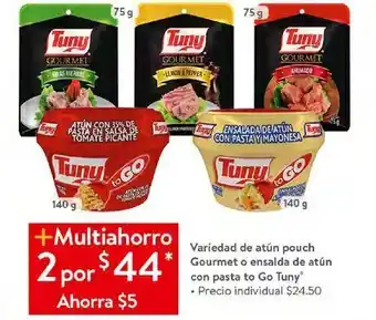 Walmart Atún pouch gourmet o ensalada de atún con pasta to go tuny x2 oferta