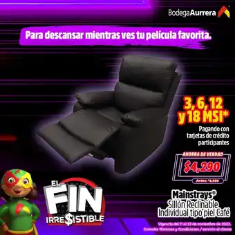 Bodega Aurrerá Mainstrays Sillon Reclinable Individual Tipo Piel Cafe oferta