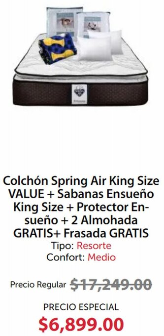 Colchón Spring Air King Size VALUE+ Sabanas Ensueño King Size + Protector Ensueño+2 Almohada GRATIS+Frasada GRATIS