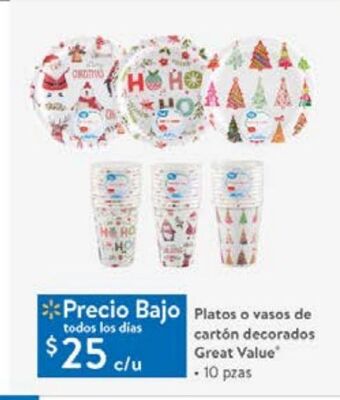 Platos o vasos de cartón decorados great value 10 pzas