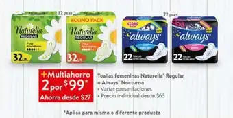 Walmart Toallas femeninas naturella oferta