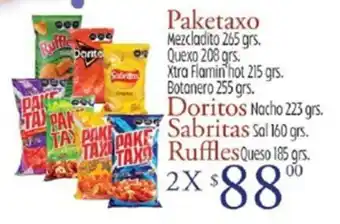 Paketaxo Mezcladito 265g, Quexo 208g, Stra Flamin Hot 215g, Botanero 255g, Doritos Nacho 223g, Sabritas Sal 160g, Ruffles Que