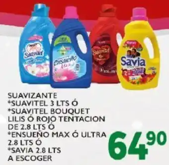 Alsuper Suavizante Suavitel 3L ó Suavitel Bouquet Lilis ó Rojo Tentacion de 2,8L ó Ensueño Max ó Ultra 2,8L ó Savia 2,8L a Escoger oferta