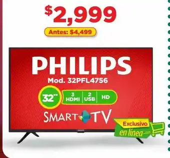Bodega Aurrerá Pantalla philips 32" smart tv mod. 32pfl4756 oferta