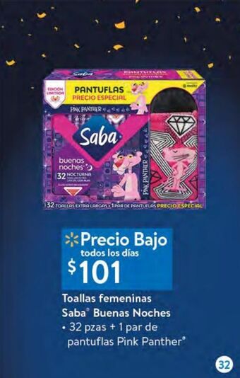 Walmart Toallas femeninas saba buenas noches 32 pzas oferta