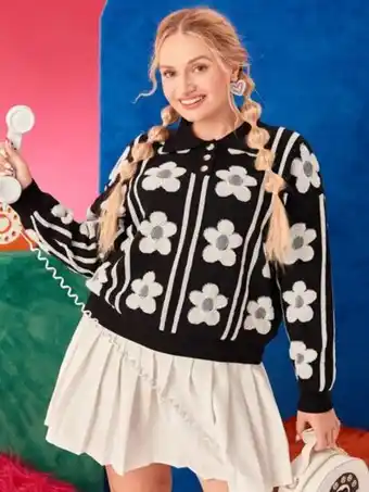 SHEIN Shein jersey con patrón floral de hombros caídos de cuello polo oferta