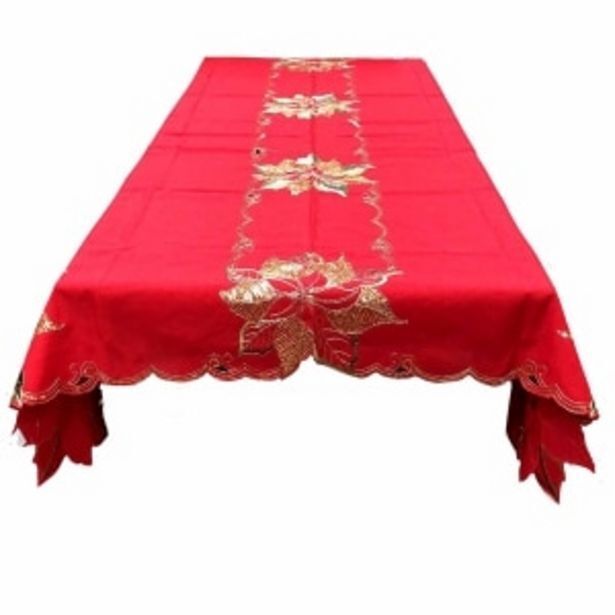 Mesa rectangular de 180 x220 en tela tipo raso con detalles de flor de noche buenas bordadas y aplicaciones de lentejuela. oferta en Chapur Mesa rectangular de 180 x220 en tela tipo raso con detalles de flor de noche buenas bordadas y aplicaciones de lentejuela. oferta en Chapur