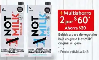 Walmart Bebida a Base de Vegetales Baja en Grasa Not Milk OriginL o Ligera 1L oferta