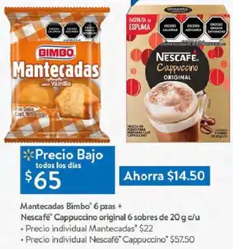 Walmart Mantecadas Bimbo 6pzas + Nescafe Cappuccino Oroginal 6 Sobres de 20g c/u oferta