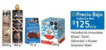 Walmart Variedad de Chocolates Kisses Turin Ghirardel o Kinder Sopresa Maxi oferta
