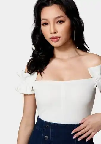 Knit crepe off shoulder ruffle top