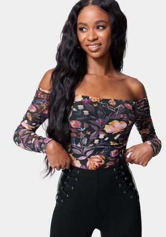 Bebe Off shoulder mesh knit top oferta