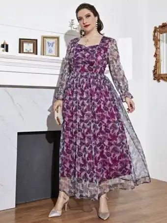 SHEIN Vestido con estampado tropical escote corazón de manga con volante de malla oferta