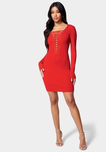 Bebe Plunge neck lace up sweater dress oferta