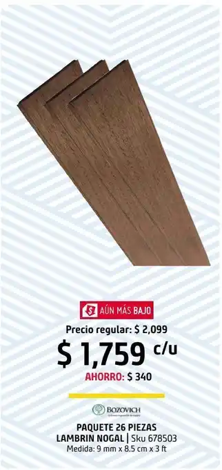Paquete 26 piezas lambrin nogal 9mmx85mmx3pies