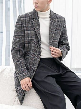 SHEIN Hombres abrigo de cuadros de cuello con solapa oferta