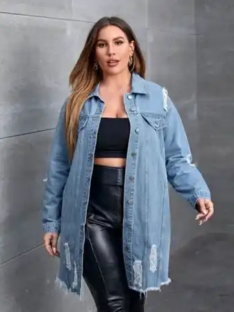 SHEIN Cazadora mezclilla desgarro ribete sin dobladillo con cinturón oferta