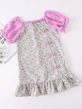 SHEIN Niñas vestido floral de manga farol con botón rana bajo con fruncido oferta
