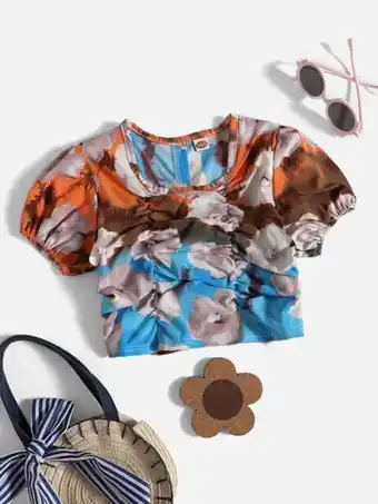 SHEIN Niñitas blusa con estampado floral fruncido de manga farol oferta