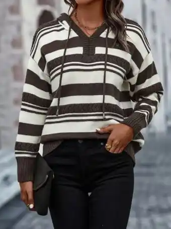 SHEIN Jersey con patrón de rayas de hombros caídos con cordón con capucha oferta