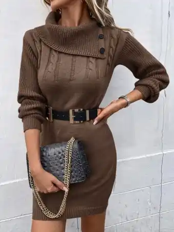 SHEIN Vestido de punto con diseño de botón cuello alto tejido de cable sin cinturón oferta