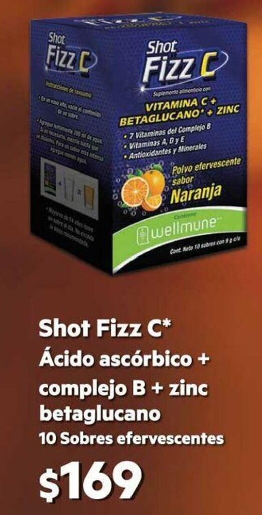 Shot Fizz C Ácido Ascórbico + Complejo B + Zinc Betaglucano 10 Sobres