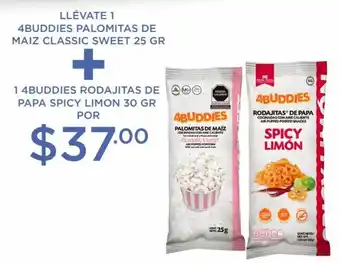 Llévate 1 4Buddies Palomitas de Maiz Classic Sweet 25g + 1 4Buddies Rodajitas de Papa Spicy Limon 30g