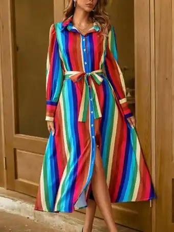 Vestido camisero de rayas de arcoíris con cinturón
