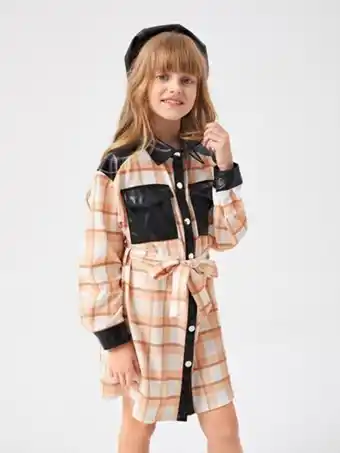 Shein niñas vestido con cinturón de cuadros con bolsillo con solapa de hombros caídos en contraste cuero pu