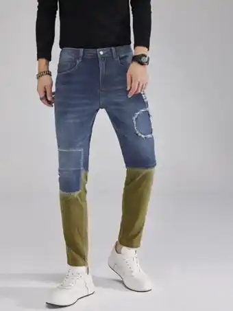 SHEIN Hombres jeans de color combinado roto crudo con puntada oferta