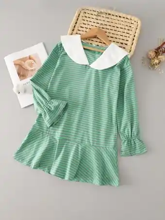 Niñas vestido de rayas cuello marinero de manga con volante bajo con fruncido