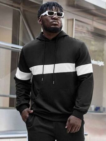 SHEIN Extended sizes hombres capucha de color combinado con bolsillo de canguro con cordón oferta