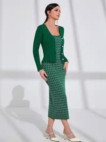 SHEIN Cárdigan tejido de canalé & vestido de punto con patrón geométrico oferta