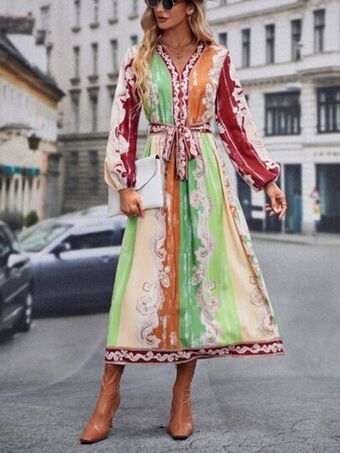 SHEIN Vestido con cinturón con estampado floral de manga farol oferta