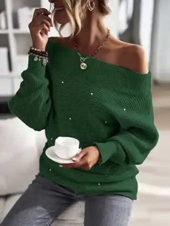 SHEIN Jersey de hombros descubiertos con cuenta de perla de manga murciélago oferta