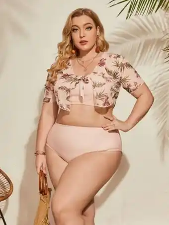 3 piezas bañador bikini simple con top cover up con estampado de planta