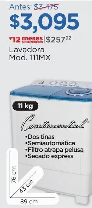 Chedraui Continental lavadora mod. 111mx 11kg oferta