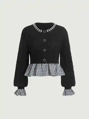 SHEIN Shein mod cárdigan de guingán de manga con volante con cuenta de perla 2 en 1 oferta