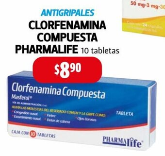 Farmacias Guadalajara Antigripales Clorfenamina Compuesta Pharmalife 10 tabletas oferta