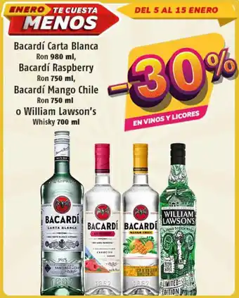 Bacardí Carta Blanca Rum 980ml / Raspberry Ron 750ml / Mango Chile Ron 750ml o William Lawson's Whisky 700ml