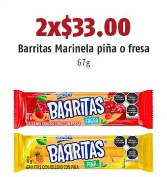 OXXO Barritas Marinela Piña o Fresa 2 x 67g oferta