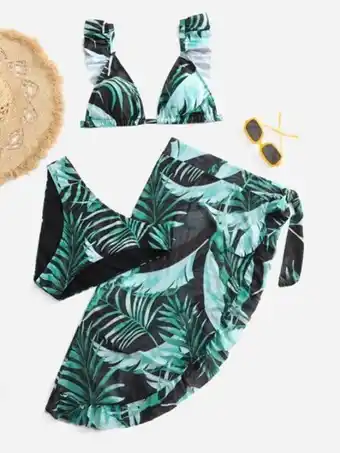 SHEIN 3 piezas con estampado tropical ribete con fruncido bañador bikini & falda de playa oferta