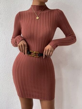 SHEIN Vestido de punto ajustado de cuello alto tejido de canalé sin cinturón oferta