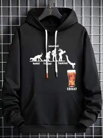 SHEIN Hombres capucha con estampado de letra y figura con bolsillo de canguro con cordón oferta