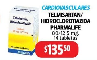 Farmacias Guadalajara Cardiovasculares Telmisartan / Hidroclorotiazida Pharmalife 80/12.5mg - 14 tabletas oferta