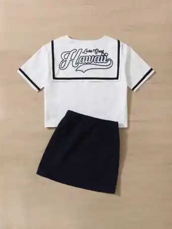 SHEIN Shein niñas falda con top con estampado de slogan cuello marinero con cinta en contraste oferta