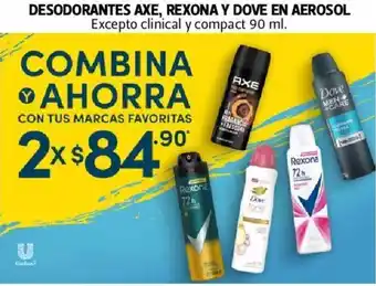Farmacias Guadalajara Desodorantes Axe, Rexona y Dove en Aerosol 2 x 90ml oferta