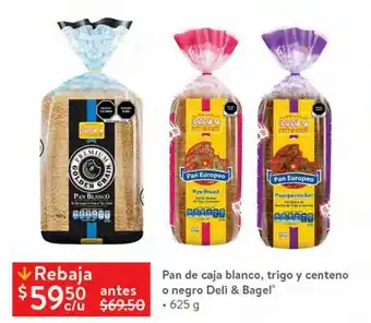 Walmart Pan de caja blanco, trigo y centeno negro deli&bagel 625g oferta