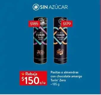 Walmart Pasitas o almendras con chocolate amargo turin 185g oferta
